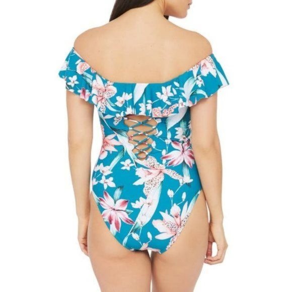 LA BLANCA Off Shoulder Flyaway Orchid Floral Print One Piece Swimsuit 10 NEW - Picture 2 of 7